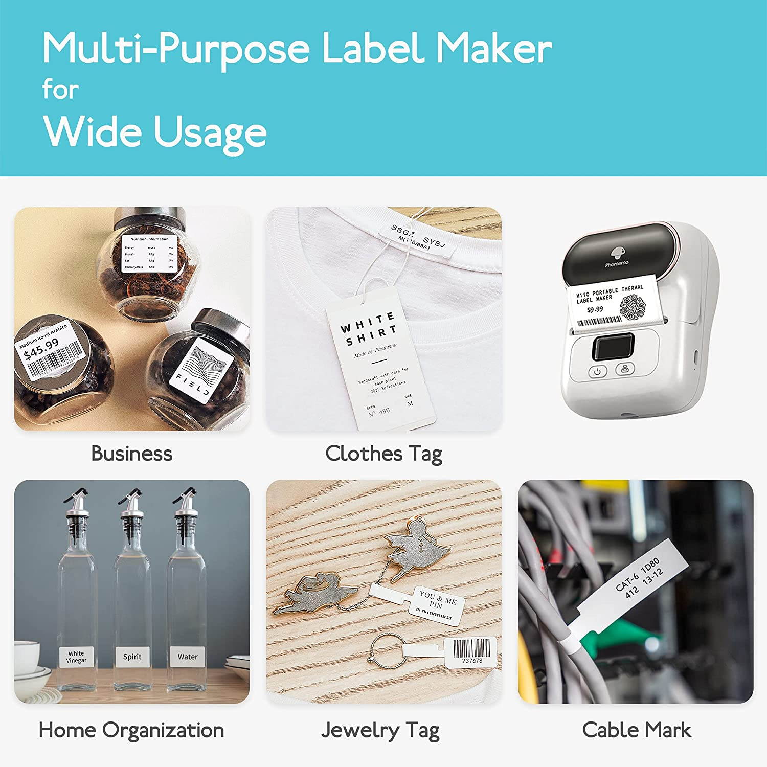 M110 Wireless Thermal Label Printer Portable Bluetooth Label Maker Machine Barcode Printer for iPhone and Android Phones