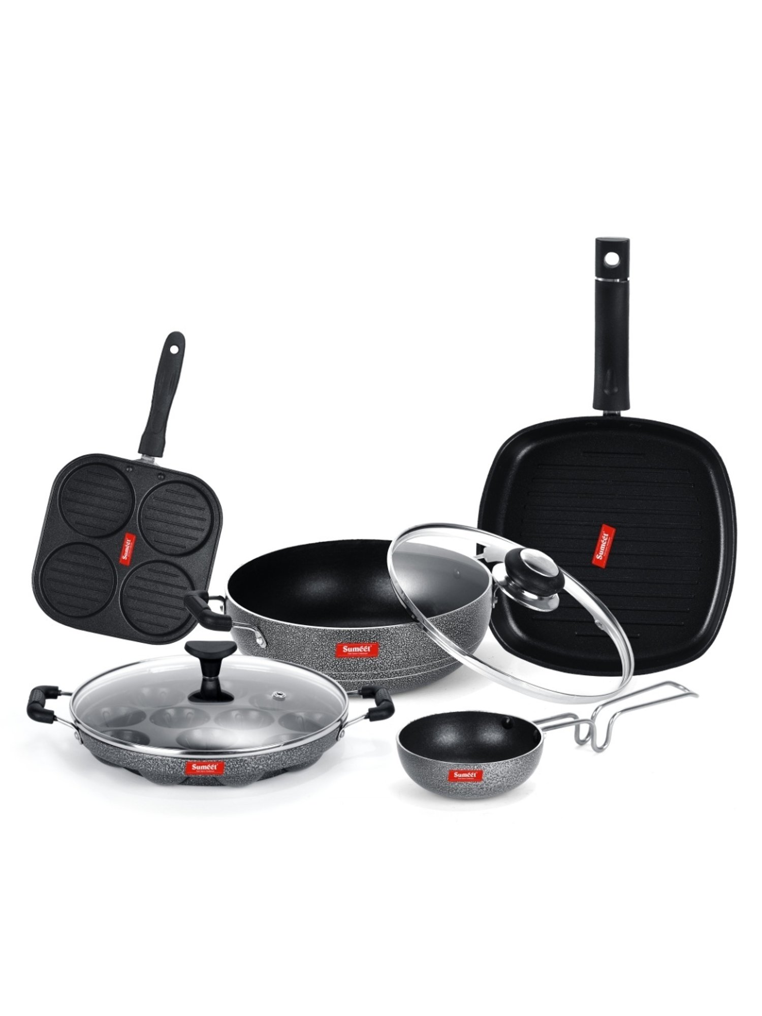 Sumeet NonStick Cookware Set-Snack Maker+Appam Patra & GlassLid+Kadhai & Glass Lid+Grill & Tadka pan
