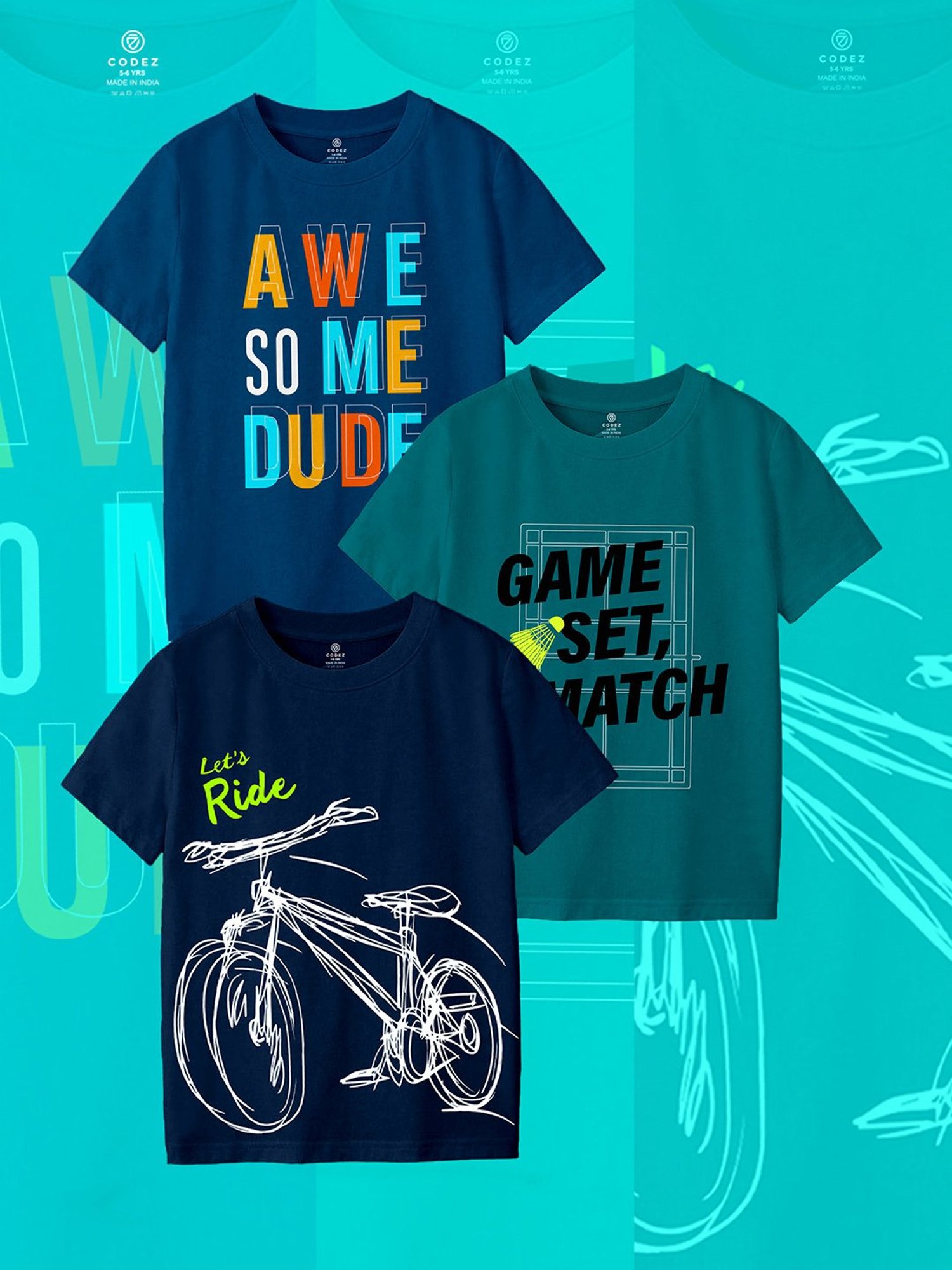 Codez Kids Blue & Green Printed T-Shirt (Pack Of 3)