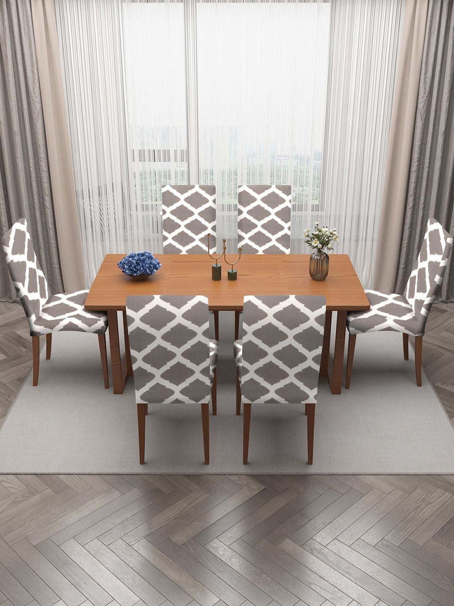 HOSTA HOMES Grey Polyester Stretchable Printed Chair Cover - Set of 6