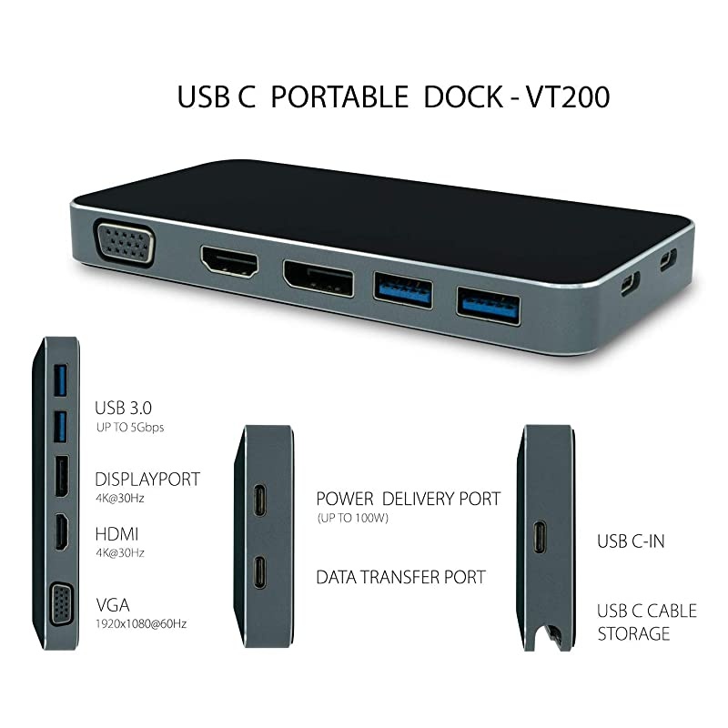 VT200 USB C Portable Dock (901226) | Dual Display, USB 3.0, HDMI | DisplayPort, VGA, Power Delivery Passthrough | USB-C Laptop, Mac, PC Compatible, USB-C, w/Power Passthrough