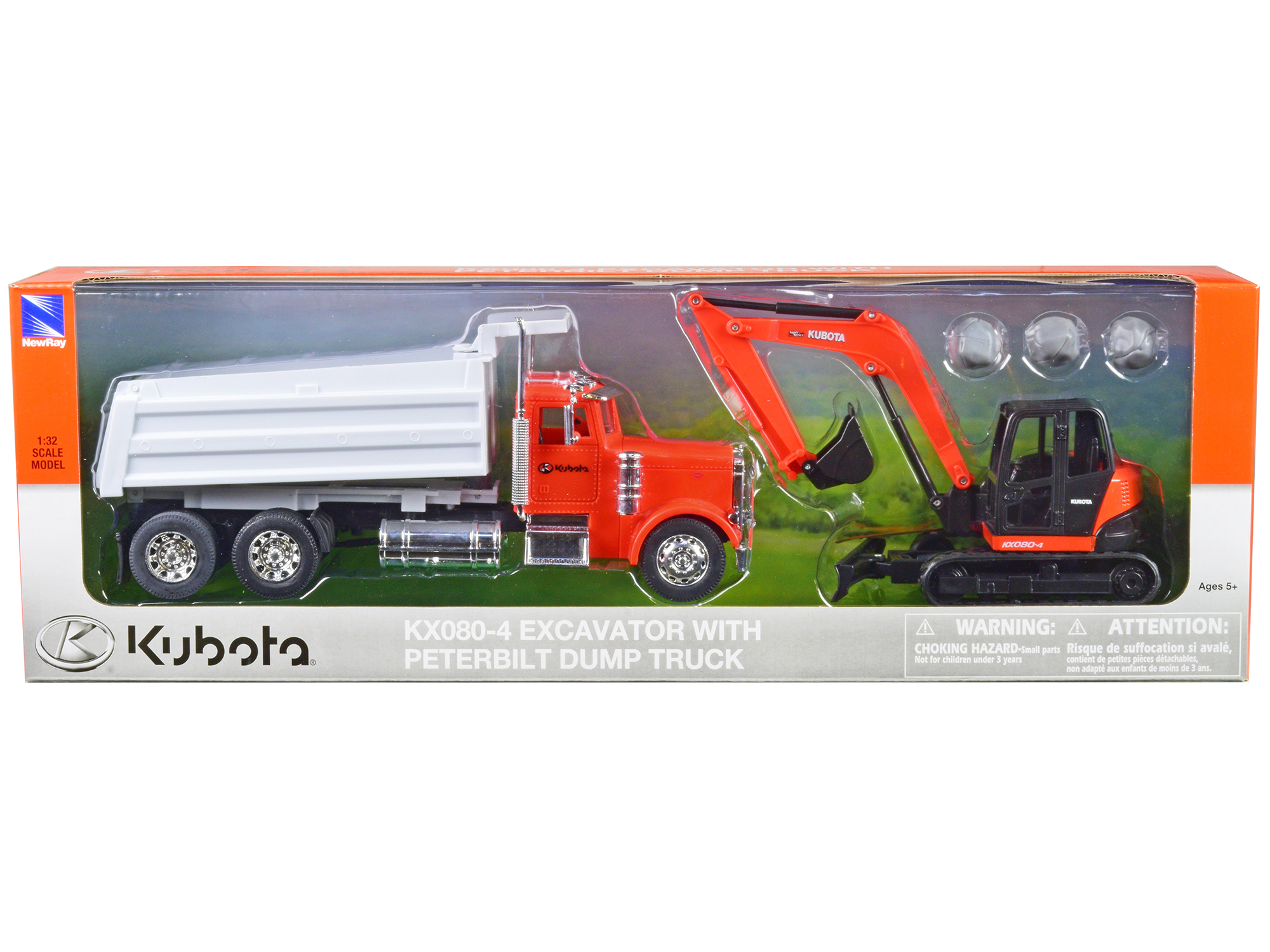 Peterbilt Dump Truck Orange and White and Kubota KX080-4 Excavator Orange and Black with Rocks 1/32 Diecast Model by New Ray