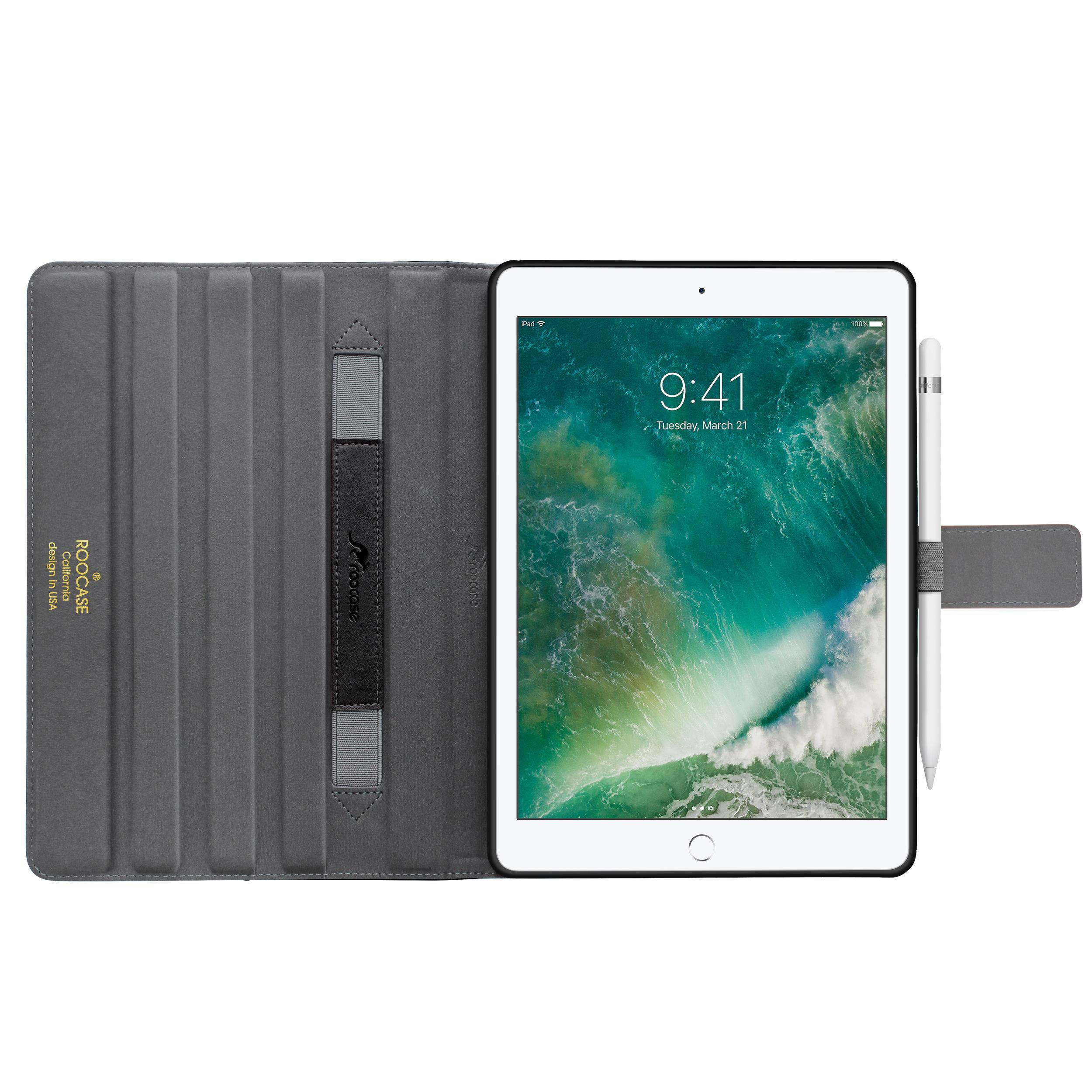 roocase ipad 9.7 2018/2017 case, premium leather folio case with apple pencil holder, multiangle viewing stand, smart cover auto sleep/wake function for apple ipad 9.7inch 2017/2018, black