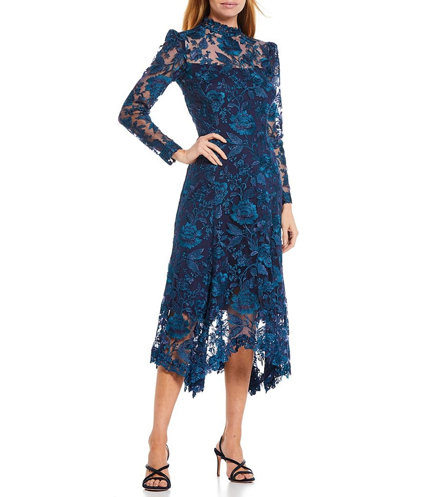 Tadashi Shoji Long Sleeve Mock Neck Handkerchief Hem Lace Dress