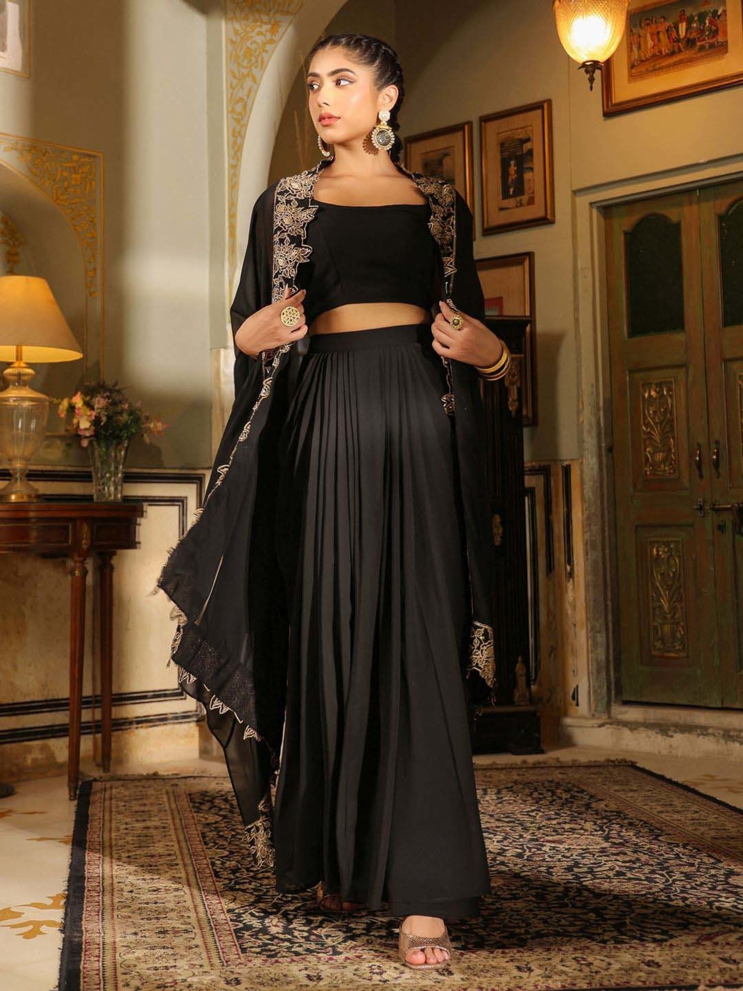Janasya Black Embroidered Crop Top Skirt Set With Cape