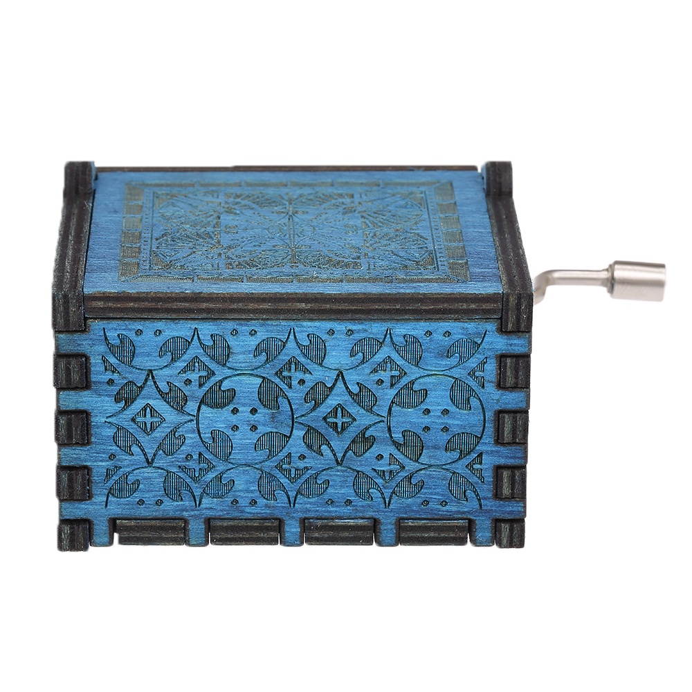 Vintage Wooden Theme Song Music Box Hand-operated Carved Engraving Music Case Creative Holiday Birthday Gifts for Kids Blue