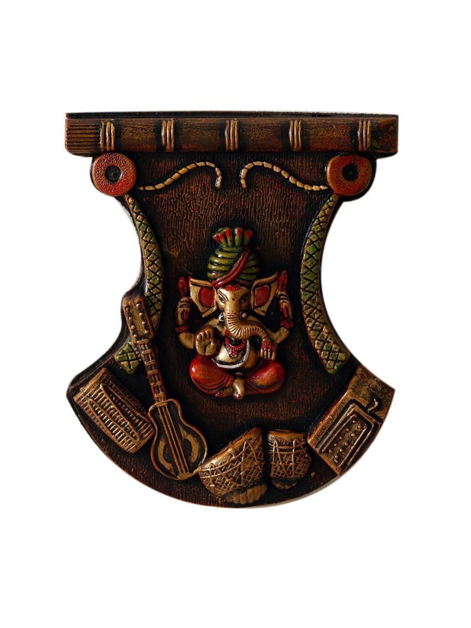 Unravel India 'Ganesh with Tabla & Guitar' Multicolor Wooden  Wall Showpiece - Set of 1