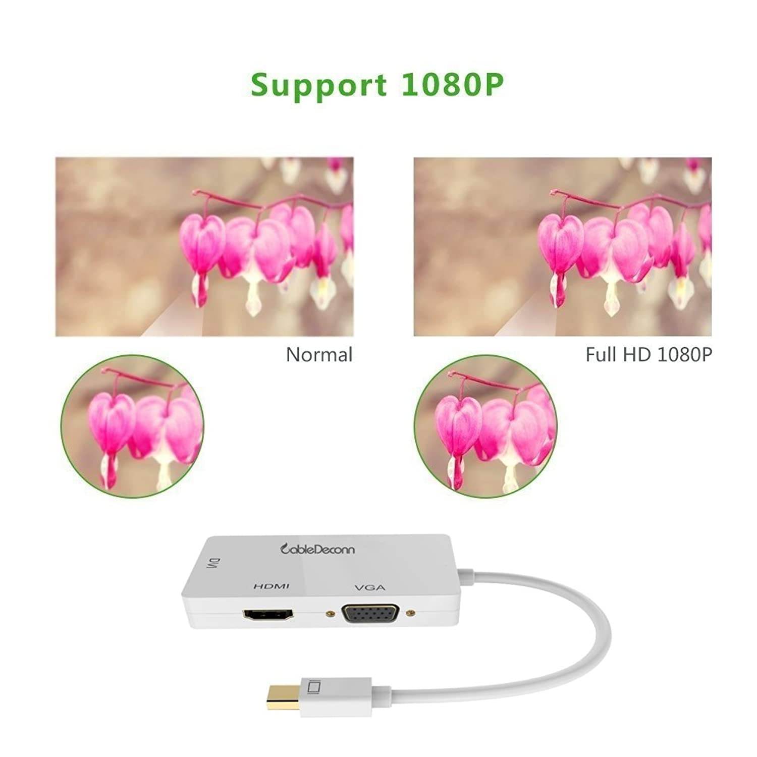 Mini DisplayPort to HDMI DVI VGA Cable, CableDeconn 3 in 1 Mini DP (Thunderbolt Port Compatible) to HDMI DVI VGA TV AV HDTV Adapter Converter for Apple Mac Book