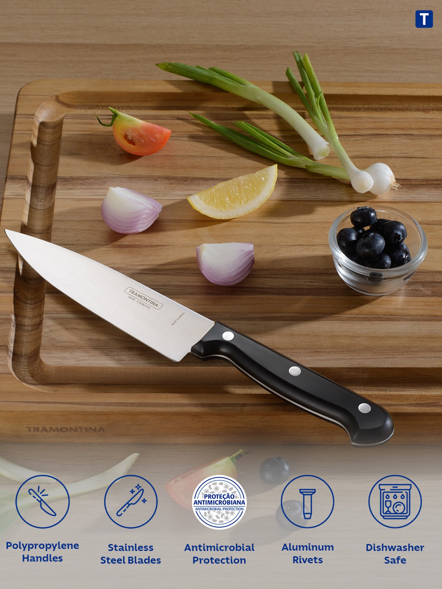 Tramontina Ultracorte Stainless Steel Chef Knife Plain Edge 5.9" Antimicrobial Kitchen Knife