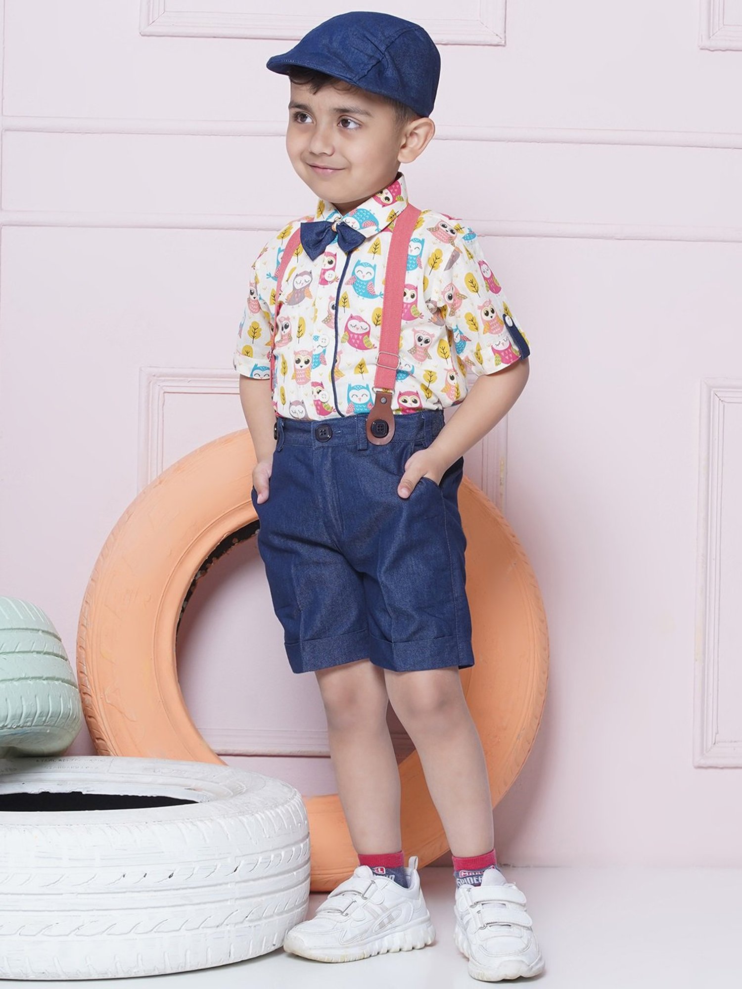 AJ Dezines Kids Pink & Navy Printed Shirt, Shorts, Suspender, Bow with Cap