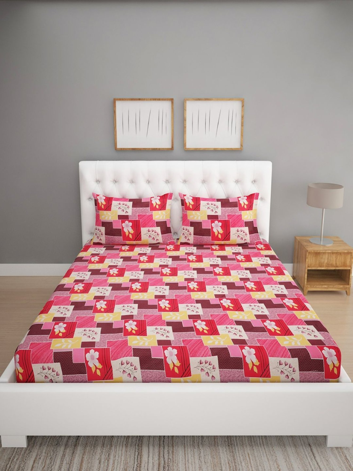 Romee Floral Beige & Orange 144 TC Cotton Queen Sized Bed Sheet with 2 Pillow Covers