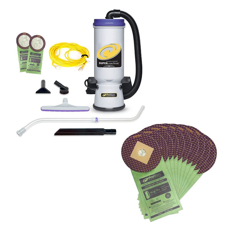 ProTeam CoachVac 10 Quart Backpack Vacuum with Telescope Wand Tool Kit Bundle with 10-Pack Intercept 10 Qt Capacity Micro Closed Collar Filter Bags