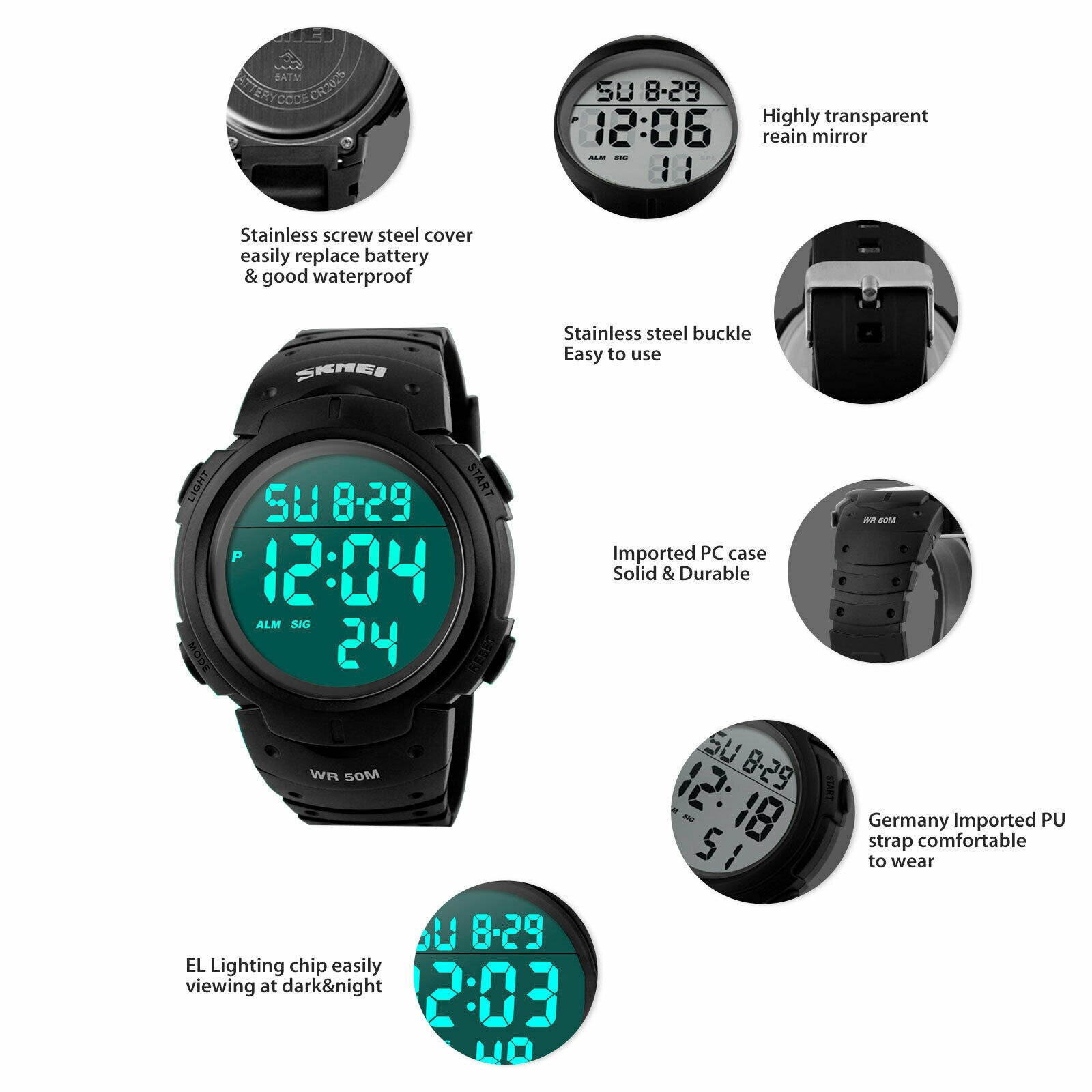 Fashion Men LED Digital Date Military Sport Rubber Quartz Watch Alarm Waterproof