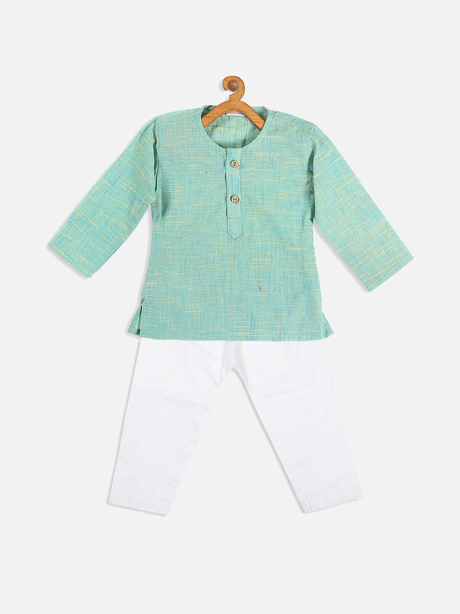 VASTRAMAY Boys Parrot Green Cotton Self Full Sleeves Kurta Sets