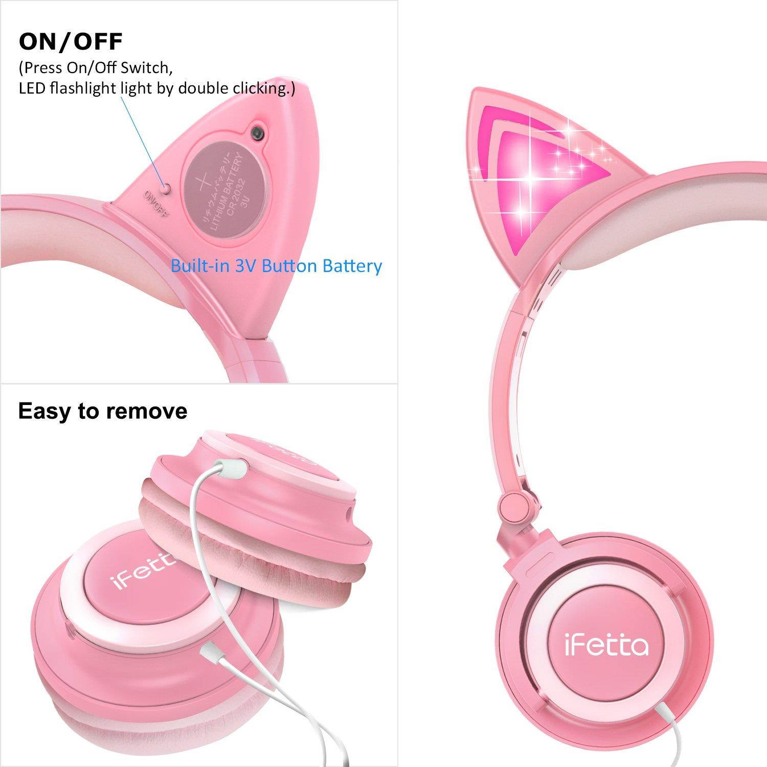 Kids Headphones, Ifecco Cat Ear Headphones Light Glowing Over Ear Headset Pink for Girls with 3.5mm Audio Cable