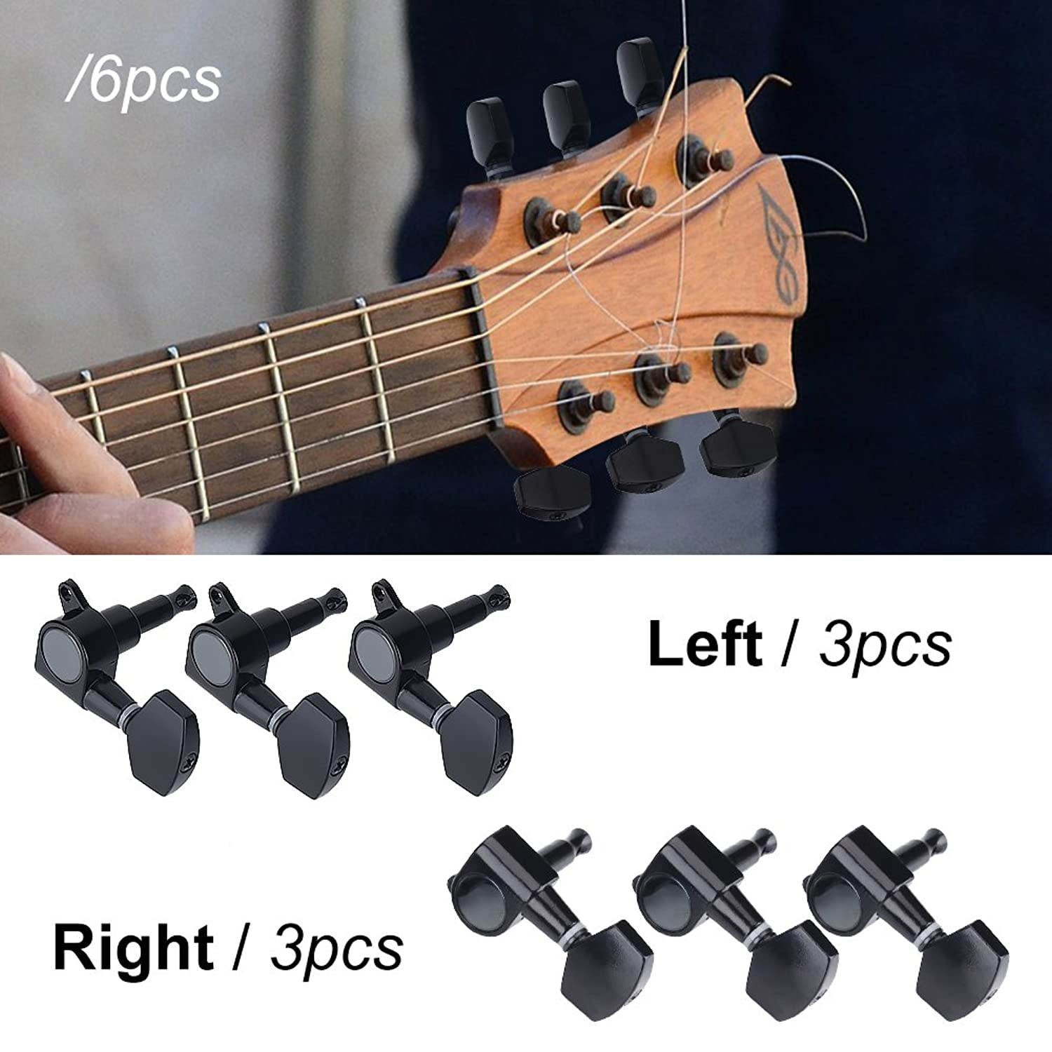 VGEBY 3 Pairs Guitar Pegs, 3L 3R Black Closed Zinc Alloy Machine Heads for Folk/Electric Guitar