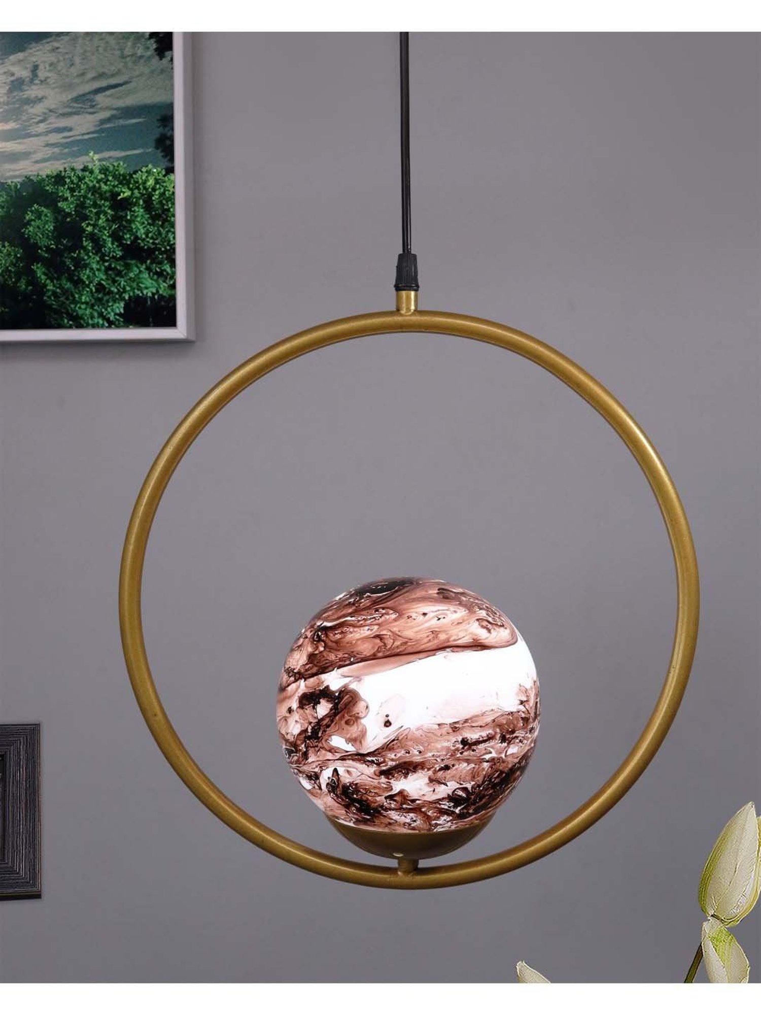Homesake Exclusive Brown & Golden Metal Round Lampshade with Pendant Indoor Hanging Light - Set of 1