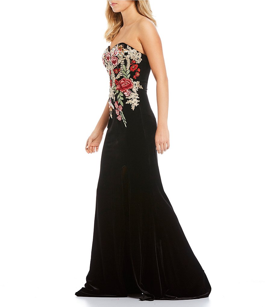 Blondie Nites Strapless Embroidered Bodice High Side Slit Velvet Long Dress