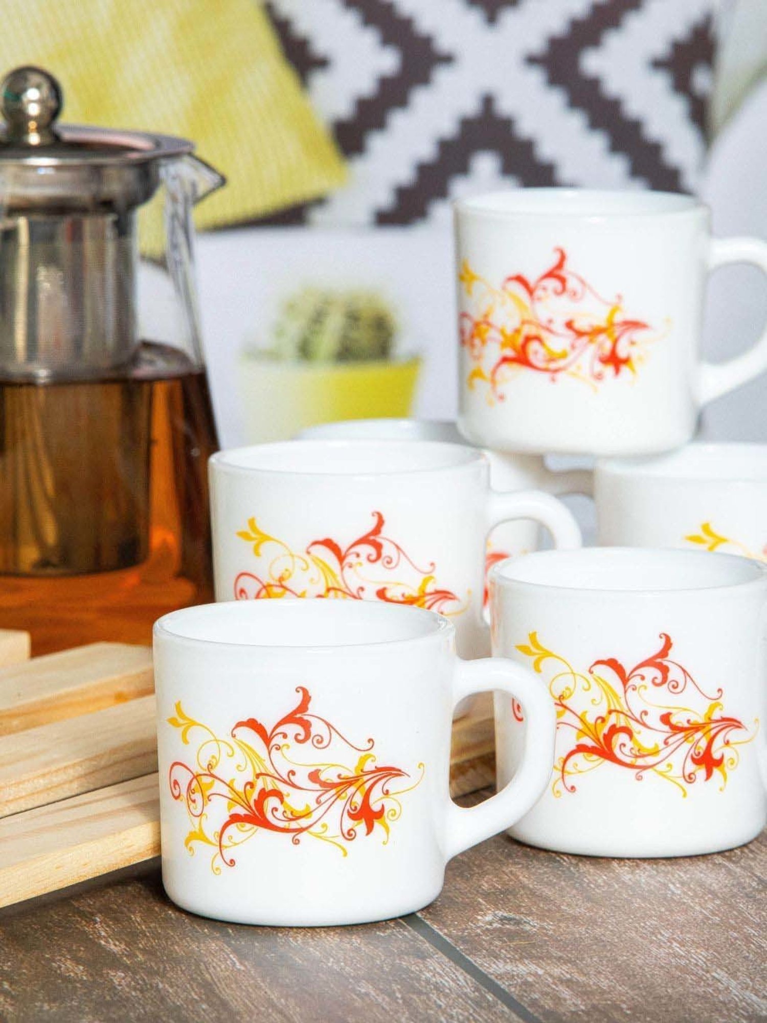 Cello White & Red Glass Coffee Mug (0.1 L) - Set of 6