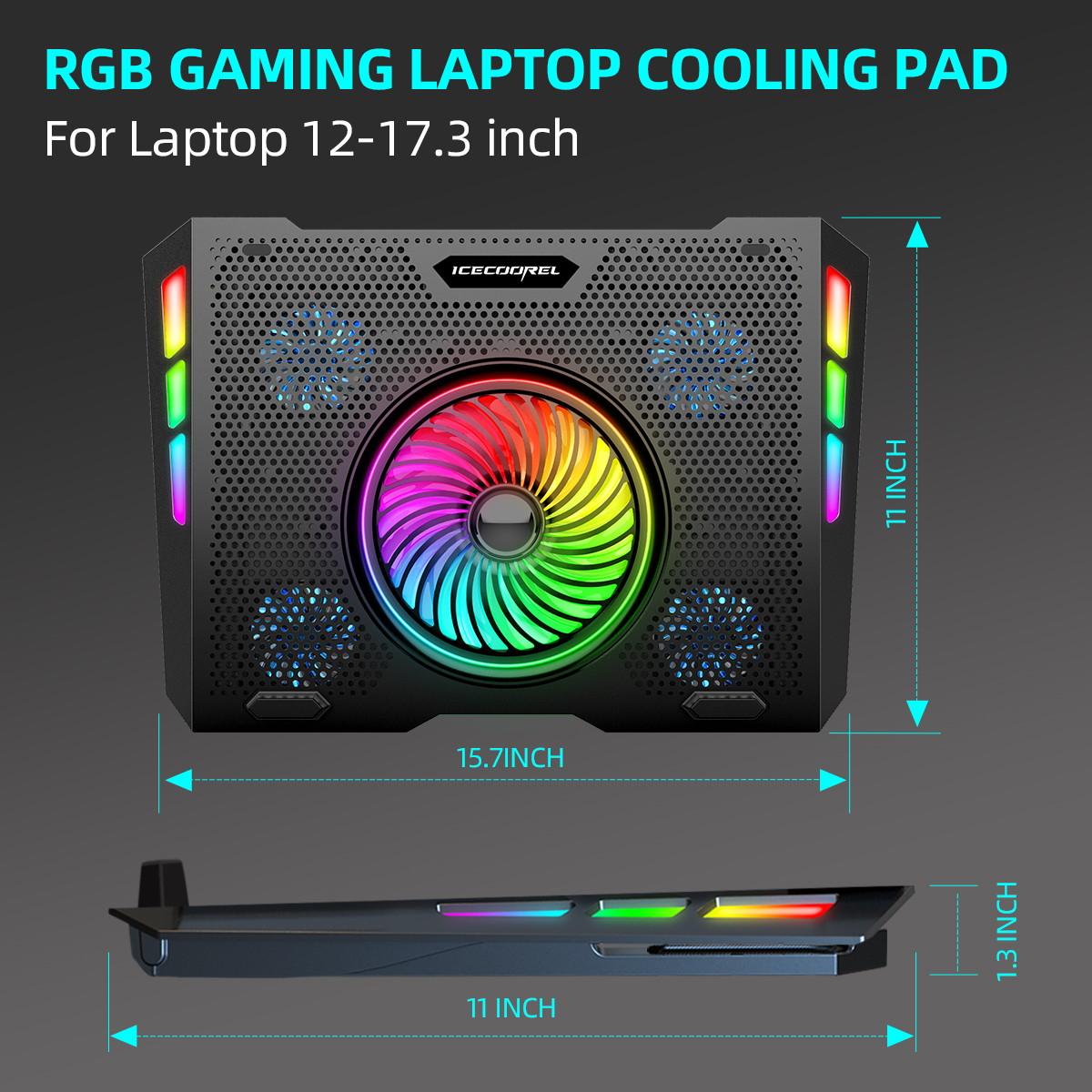 ICE COOREL RGB Laptop Cooling Pad 15-17.3", Gaming Laptop Cooler Pad with 5 Quiet Fans, Laptop Cooling Stand with 5 Height Adjustable, Cooling Fan for Laptop Two USB Ports, The Wind Speed Adjustable