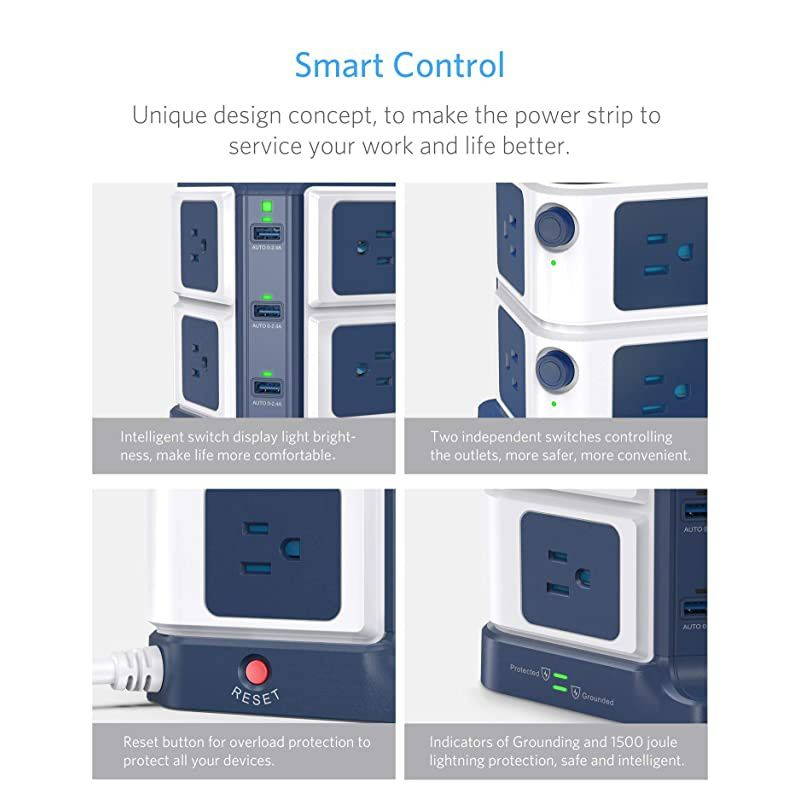USB Power Strip with Wireless Charger  8-Outlet Surge Protector and 40W 6-Port USB Charging Dock Station,1500 Joules,ETL Listed,Dorm Room Accessories