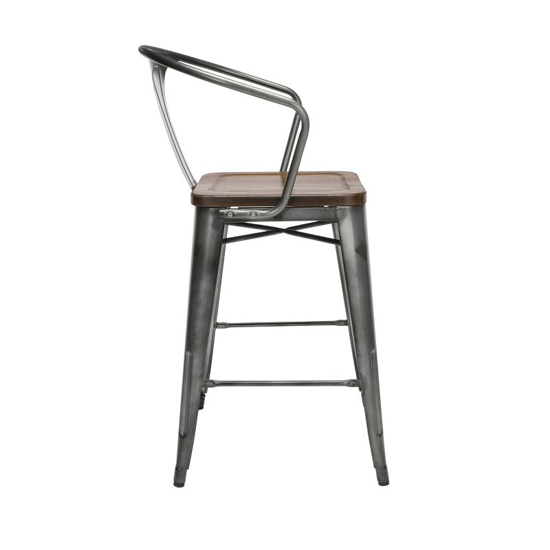 Set of 4 26" Industrial Modern Mid Back Galvanized Steel Counter Height Barstool with Arms and Solid Ash Wood Seats Gunmetal/Walnut - OFM