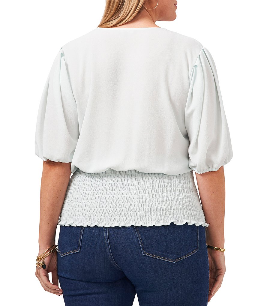1. STATE Plus Size Surplice V-Neck Short Puff Sleeve Smocked Waist Top