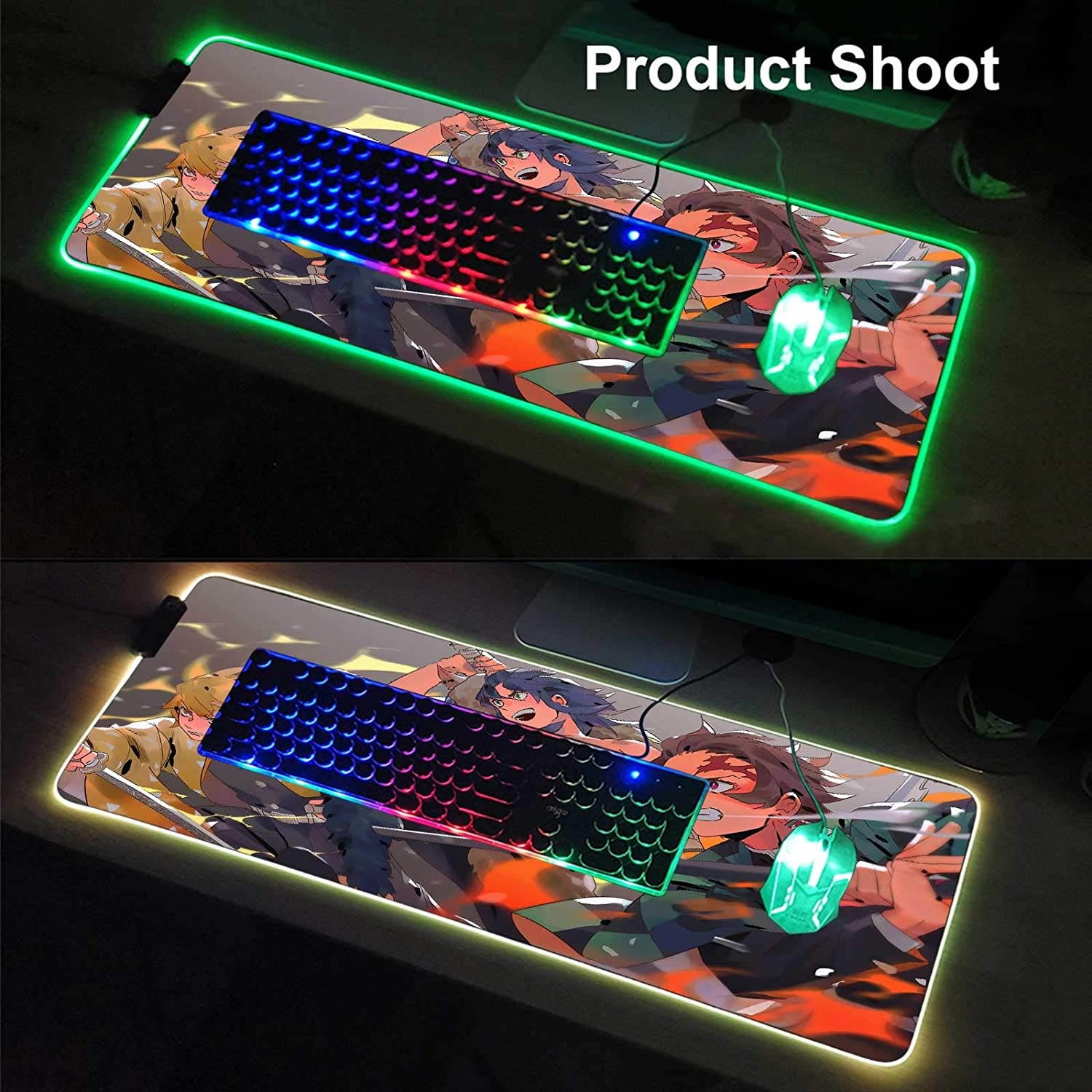 RGB Gaming Mouse Pad Anime Demon Slayer Kimetsu Tanjiro Inosuke Zenitsu,Laptop Desk Pad,Mousepad with Stitched Edge Frame & Non-Slip Rubber Base,Computer Keyboard and Mice Pads Mouse Mat 23.6X13.8