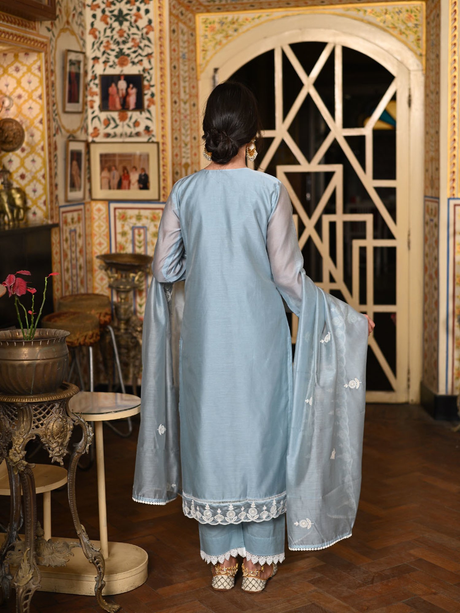 Mahee Jaipur Blue Chand Pure Chanderi Suit Set with Threadwork and Scallope dupatta