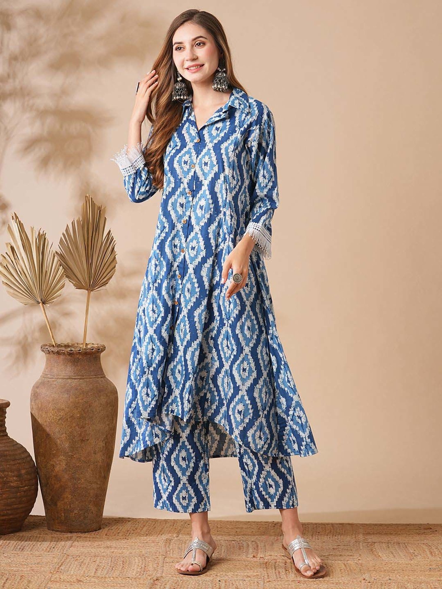 Fashor Blue Cotton Printed Kurta & Pant Set