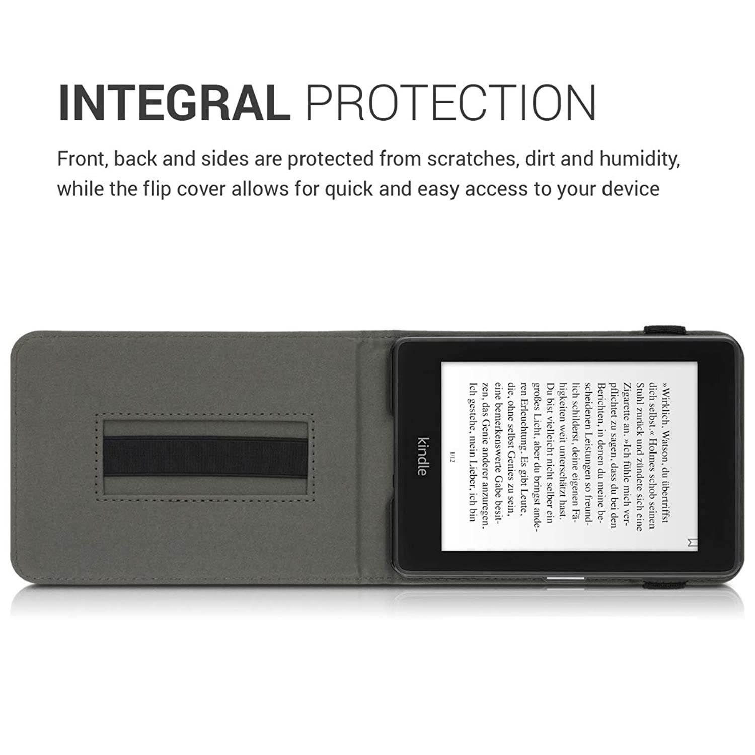 kwmobile Cover Compatible with Amazon Kindle Paperwhite (10. Gen - 2018) - Faux Nubuck Leather e-Reader Case with Built-in Hand Strap and Stand - Navigational Compass Grey