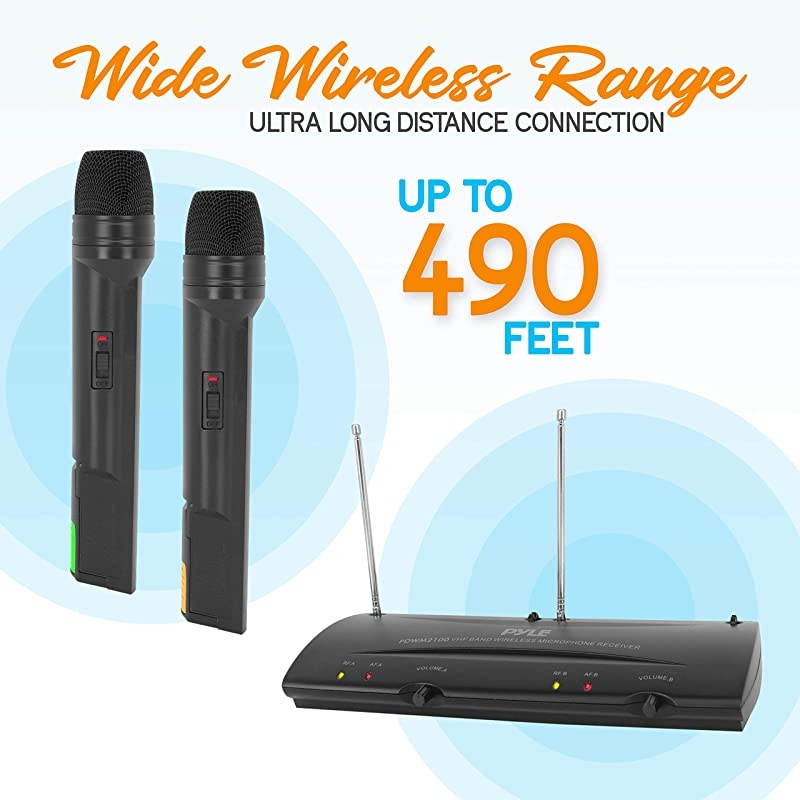 Dual Channel VHF Professional Wireless Microphone System Set with 2 Handheld Microphones, Receiver Base, 1/4'' Audio Connection Cable, Power Adapter - For Karaoke, PA, Public Event - PDWM2100