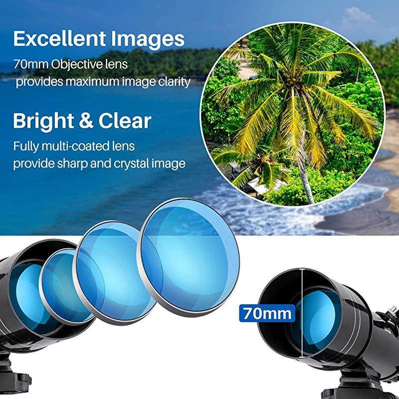 70mm Portable Refractor Telescope & HD Binoculars, Fully Coated Glass Optics, Ideal Telescope for Kids Beginners, with Adjustable Tripod Smartphone Adapter Moon Filter and Carry Bag