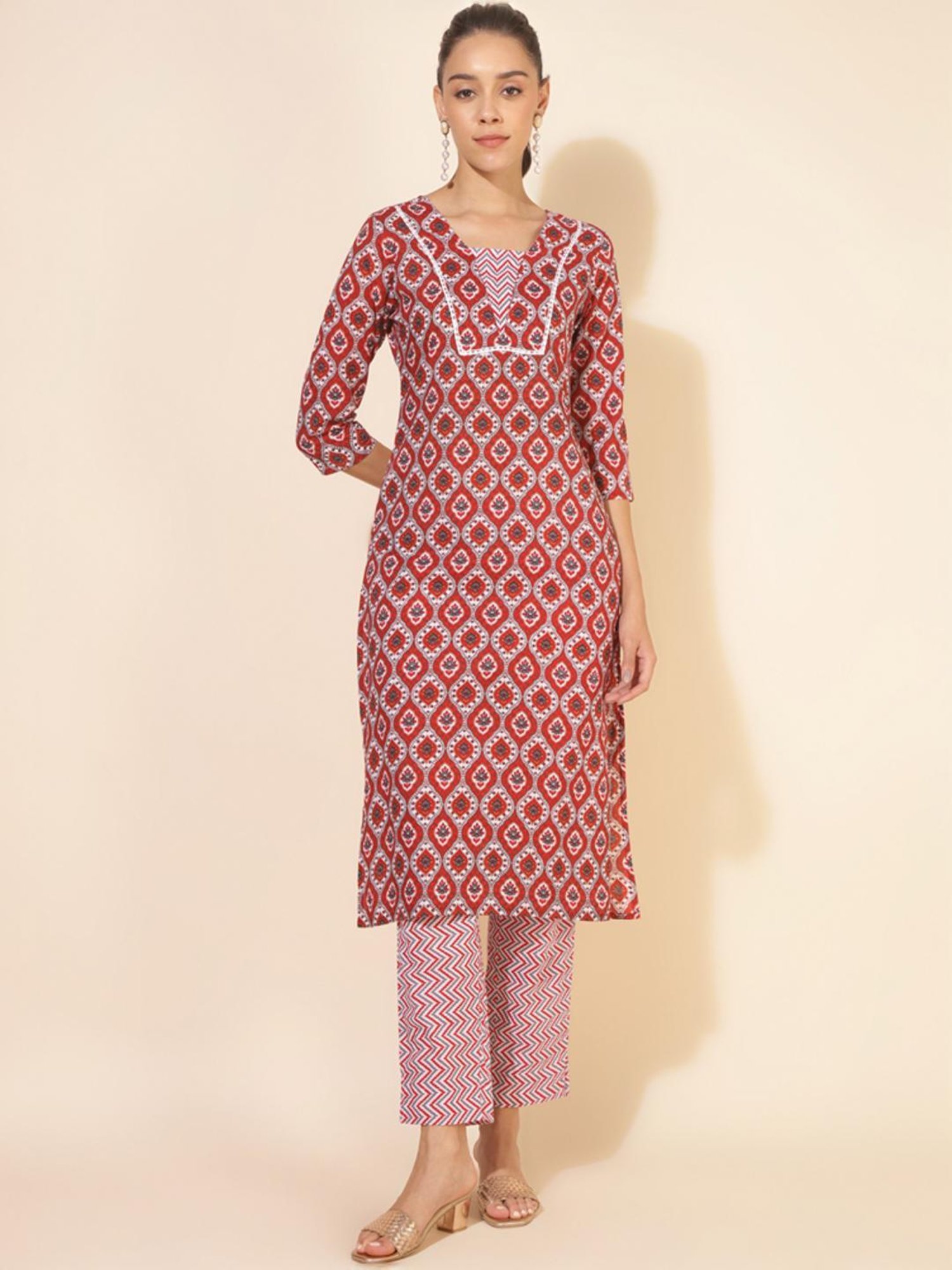 Janasya Red Cotton Printed Kurta Pant Set