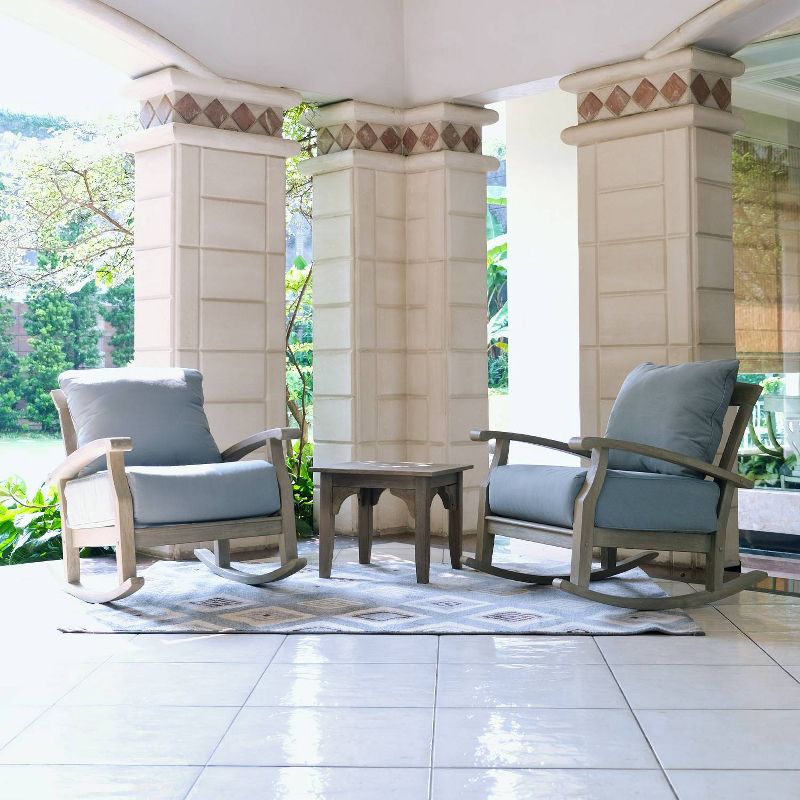 3pc Teak Caterina Patio Rocking Chair Chat Set with Cushions - Blue Spruce - Cambridge Casual