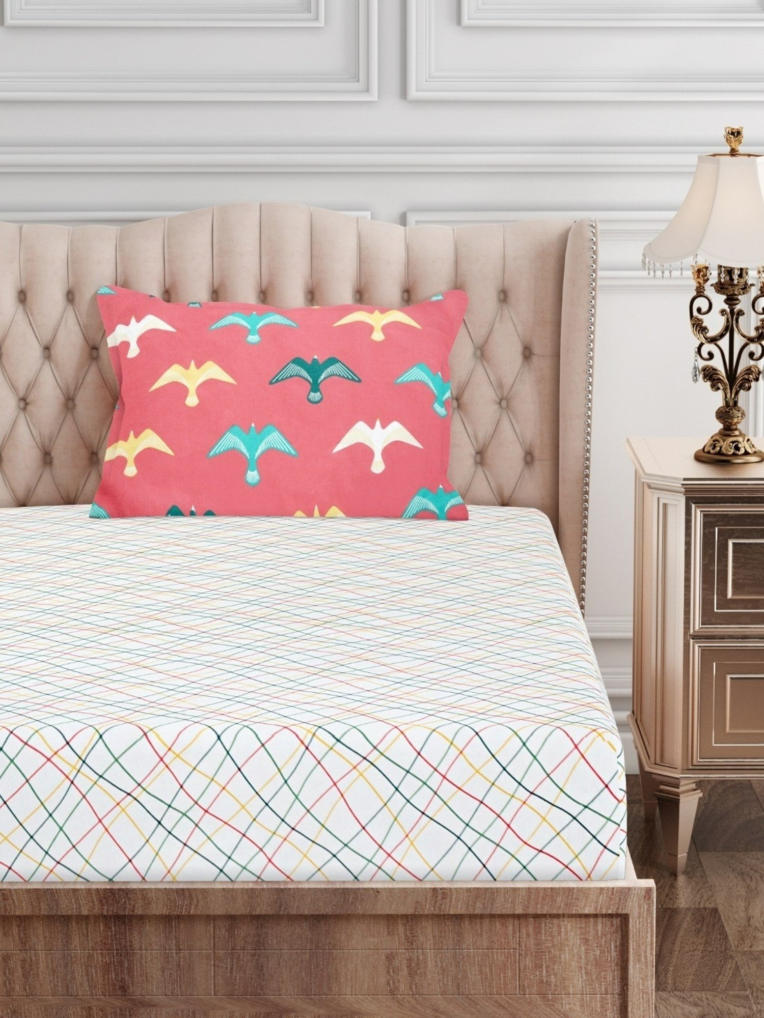 SEJ by Nisha Gupta Geometric Green 160 TC Cotton Single Bed Sheet with 1 Pillow Cover