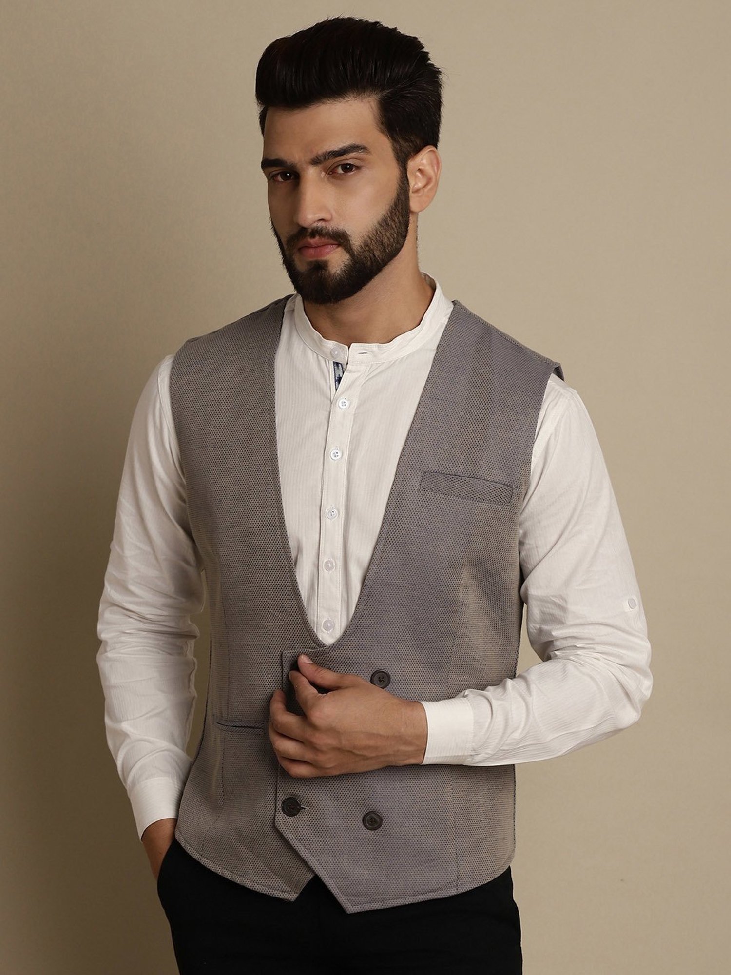 Even Grey Regular Fit Printed V Neck Waistcoat