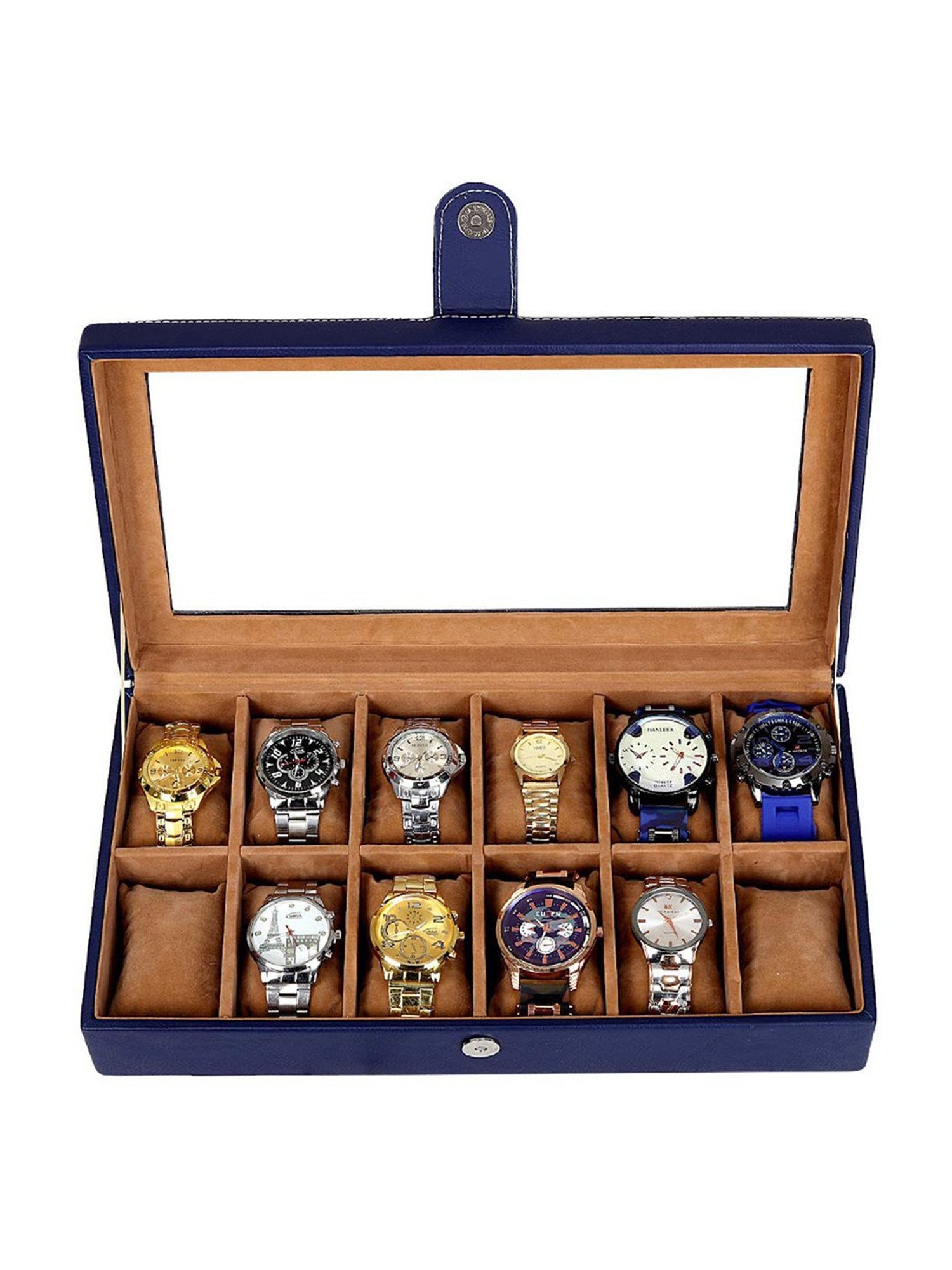 Leather World Blue Watch Box Holder Organizer Case in 12 Slots