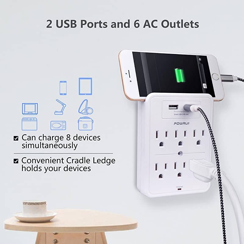 Surge Protector USB Wall Charger with 2 USB Charging PortsSmart 24A Total 6Outlet Extender and Top Phone Holder for Your Cell Phone White ETL Listed