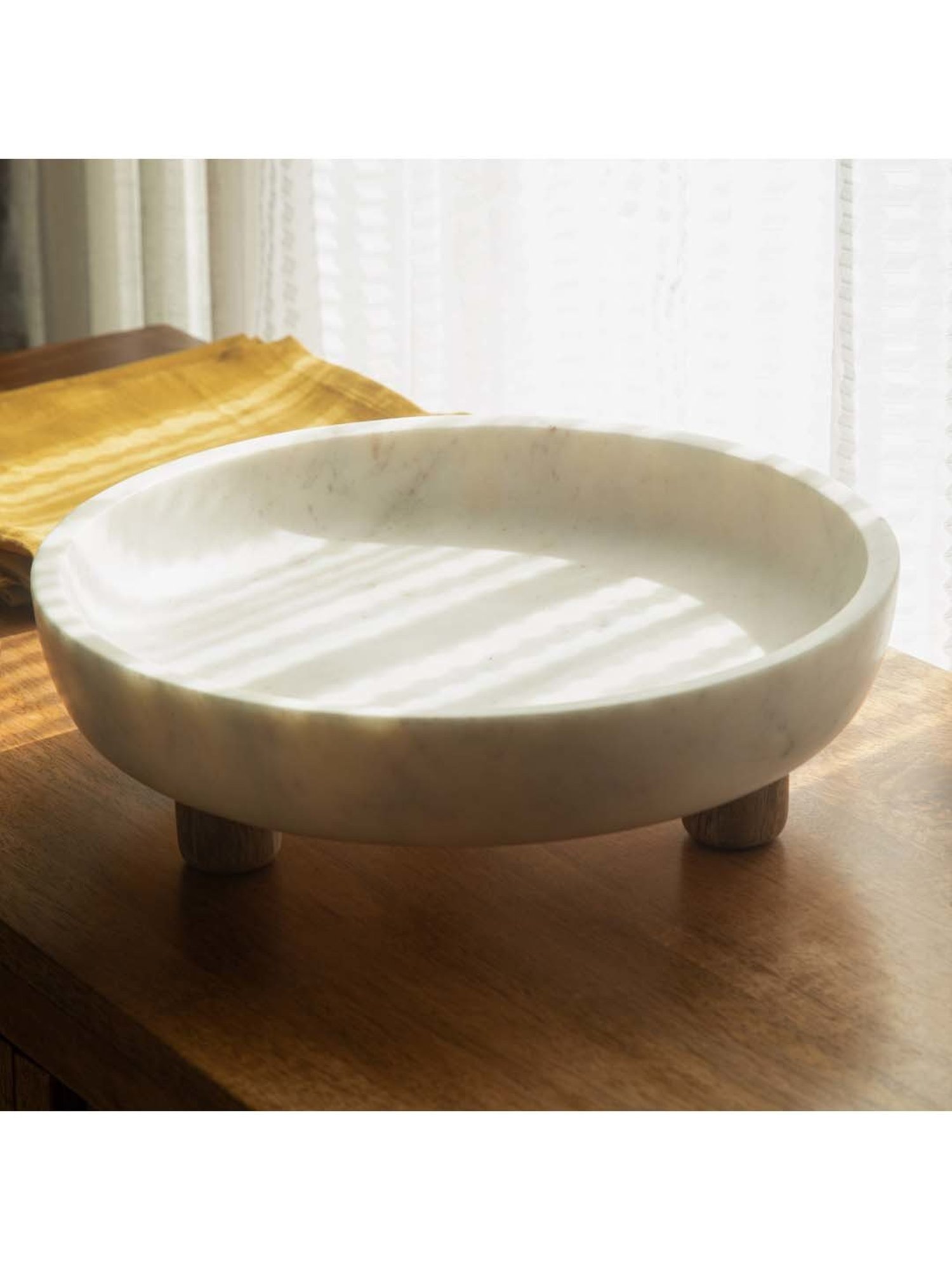 Ellementry Selene White Marble Bowl (1.5 L) With Wooden Stand