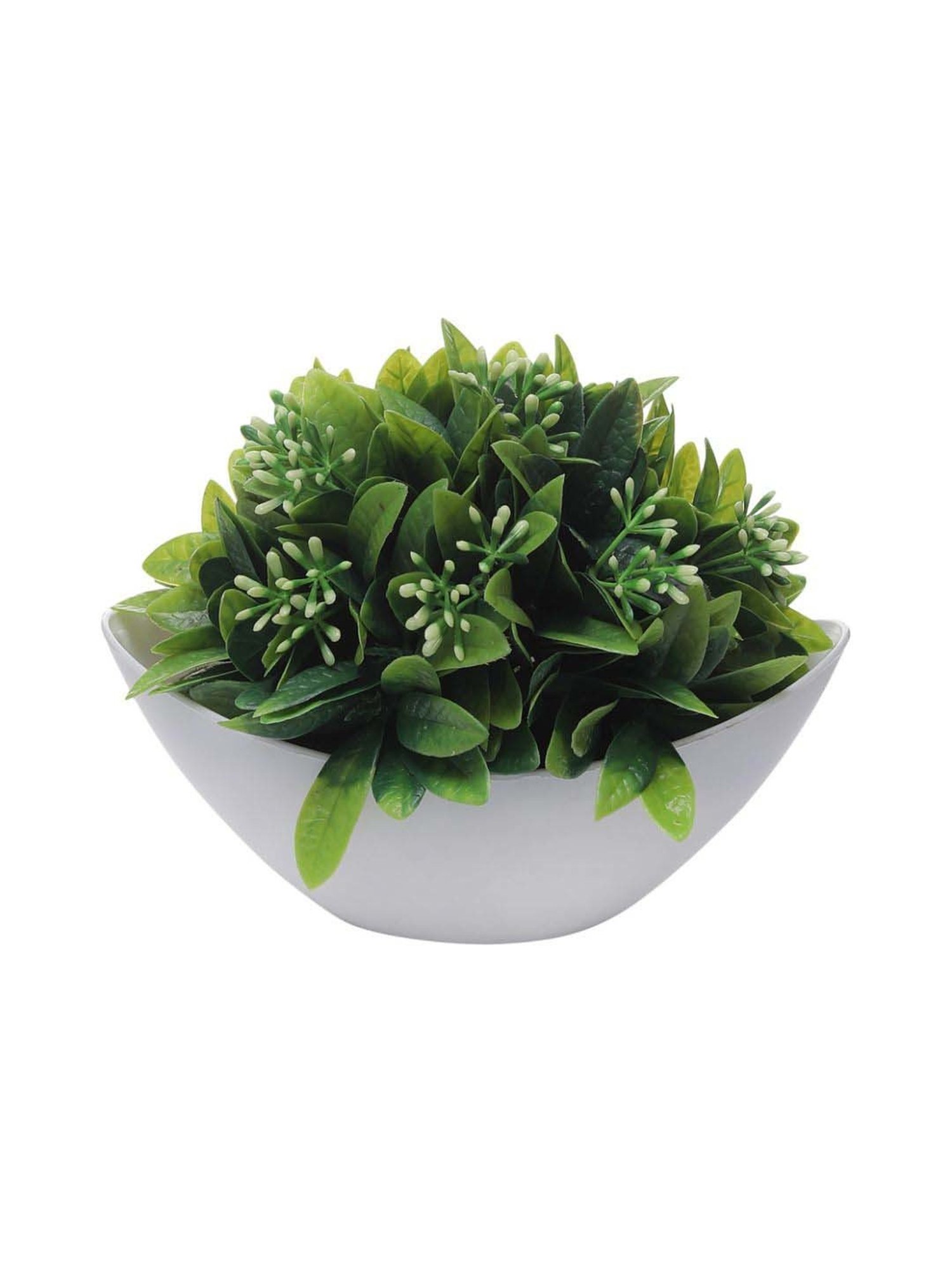 Foliyaj Green & White Plastic Artificial Plant With Leaves And Flowers