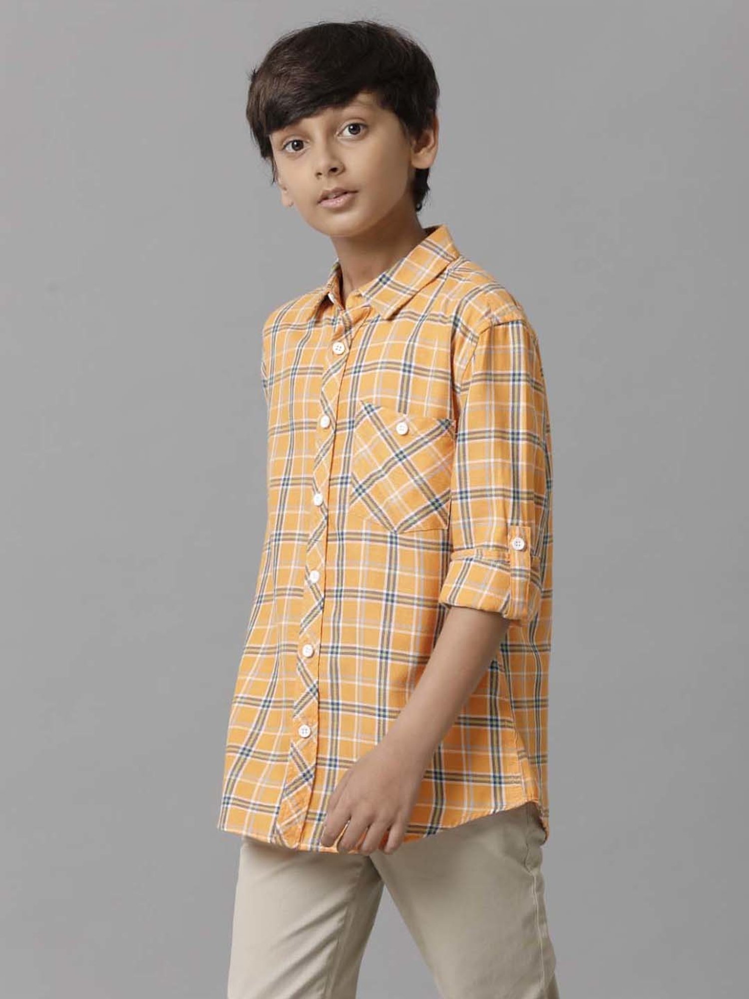 Under Fourteen Only Kids Orange & Blue Cotton Chequered Full Sleeves Shirt