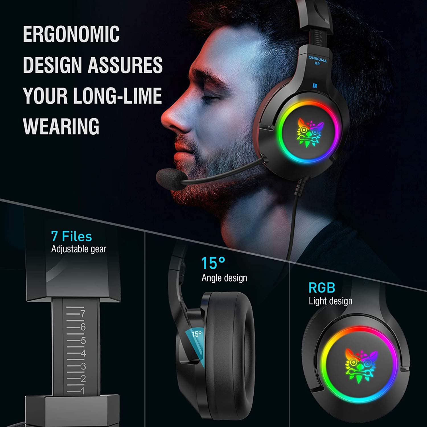 ONIKUMA RGB Gaming Headset ,3.5mm Stereo Wired Over Ear Gaming Headphone with Mic, Noise Cancelling & Volume Control, Colourful RGB Light Gaming Headset for New Xbox One/PC/Mac/PS4/Table/Phone