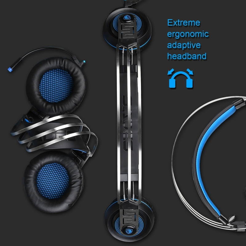 SADES A7 Gaming Headset Wired Headphone with with microphone+Wire Control + Light for PC, Laptop , (Black+Blue)