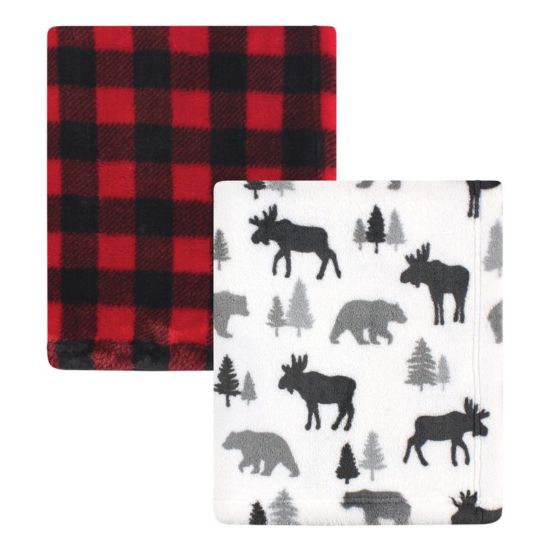 Hudson Baby Infant Boy Cozy Plush Luxury Blankets 2pk, Moose Buffalo Plaid, One Size