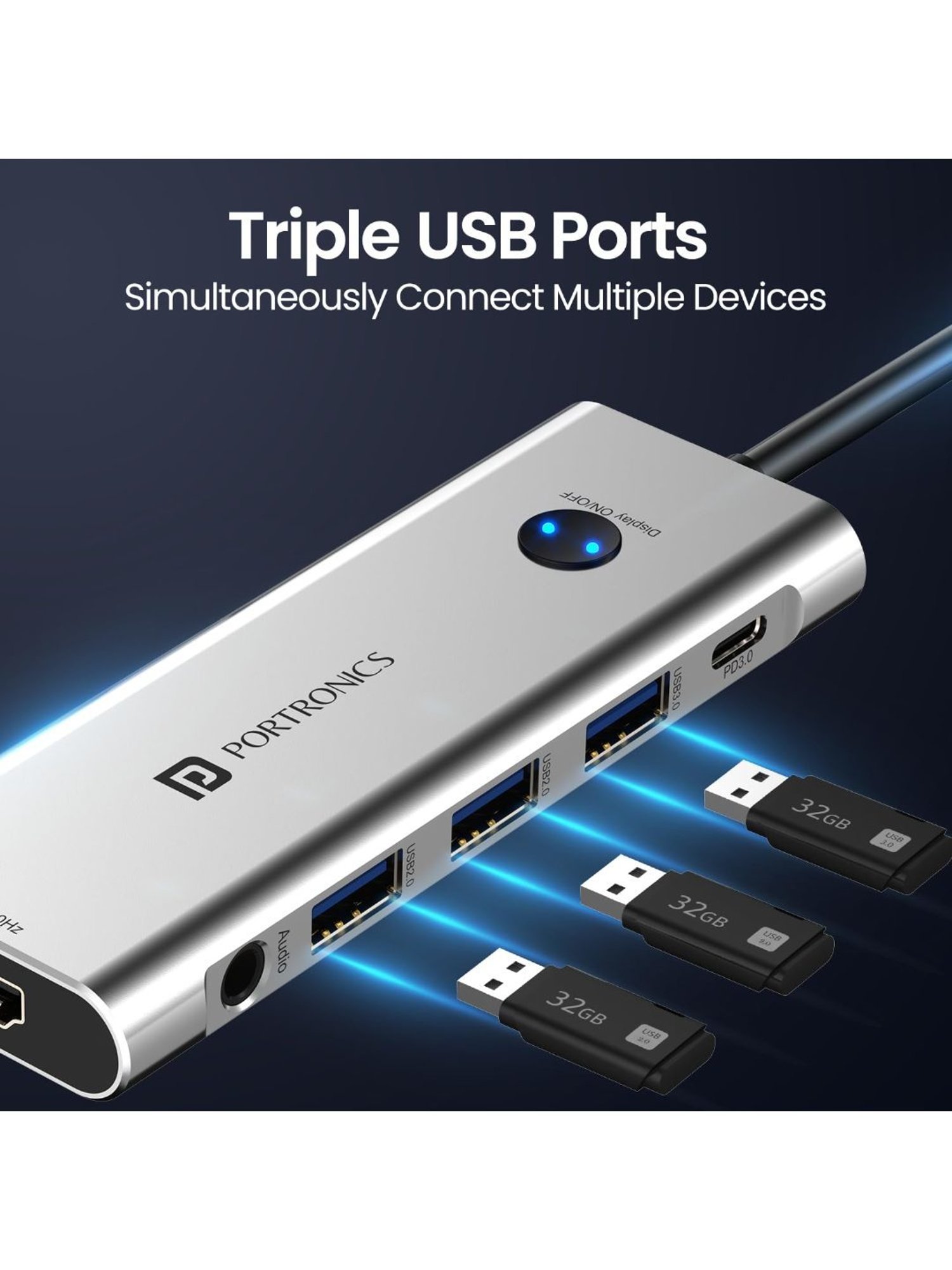 Portronics Mport One USB C Hub 9 in 1 with 4K Type C Charging, Card Reader, 3.5mm AUX (Grey)