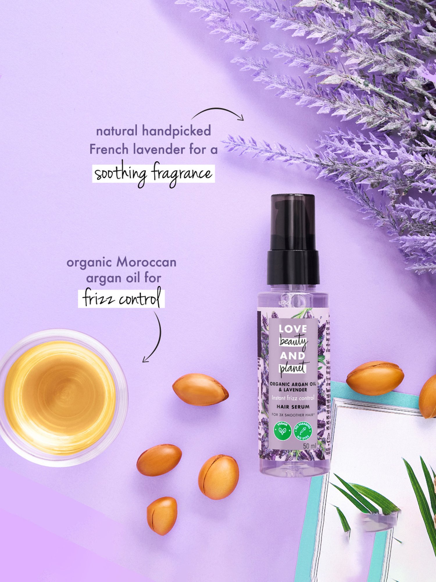 Love Beauty & Planet Organic Argan Oil & Lavender Hair Serum for Frizz Free Hair - 50 ml