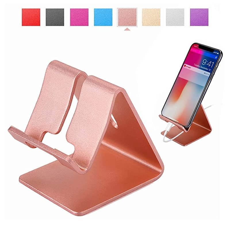 Cell Phone Stand Universal Portable Aluminum Desktop Charger Mount Holder Metal Tablets Dock Cradle for iPhone 11 X 8 7 6 Samsung Galaxy s10 9 All Smartphone Rose Gold