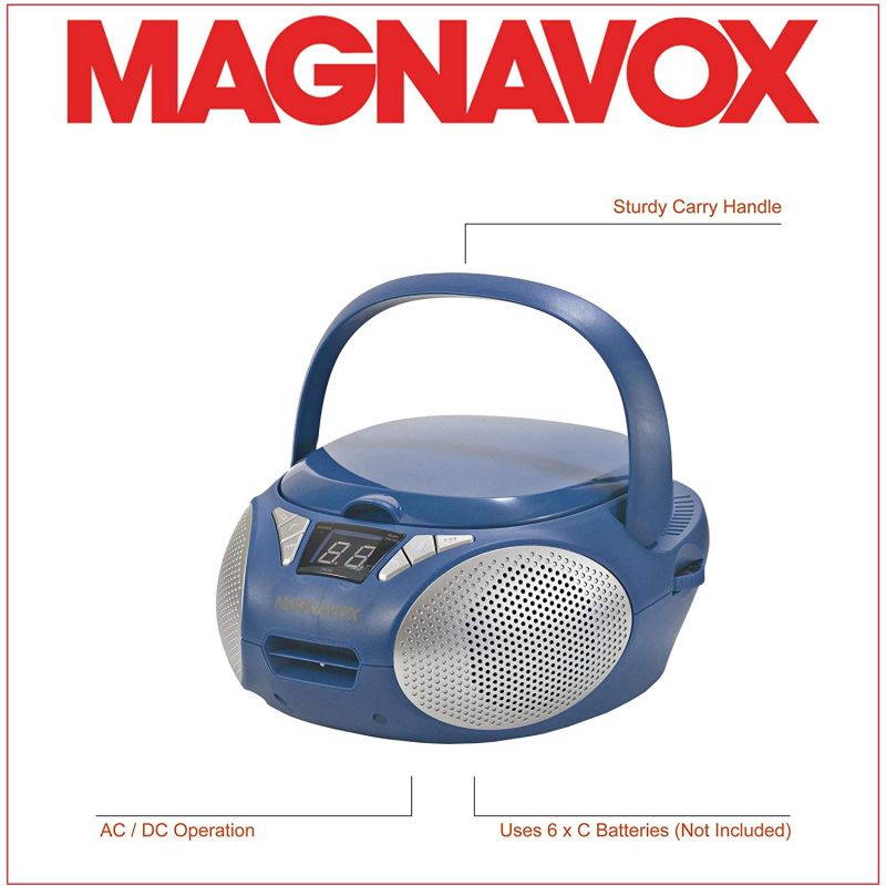 Magnavox MD6924-BL Portable Top Loading CD Boombox with AM/FM Stereo Radio in Blue | CD-R/CD-RW Compatible | LED Display | AUX Port Supported | Programmable CD Player |