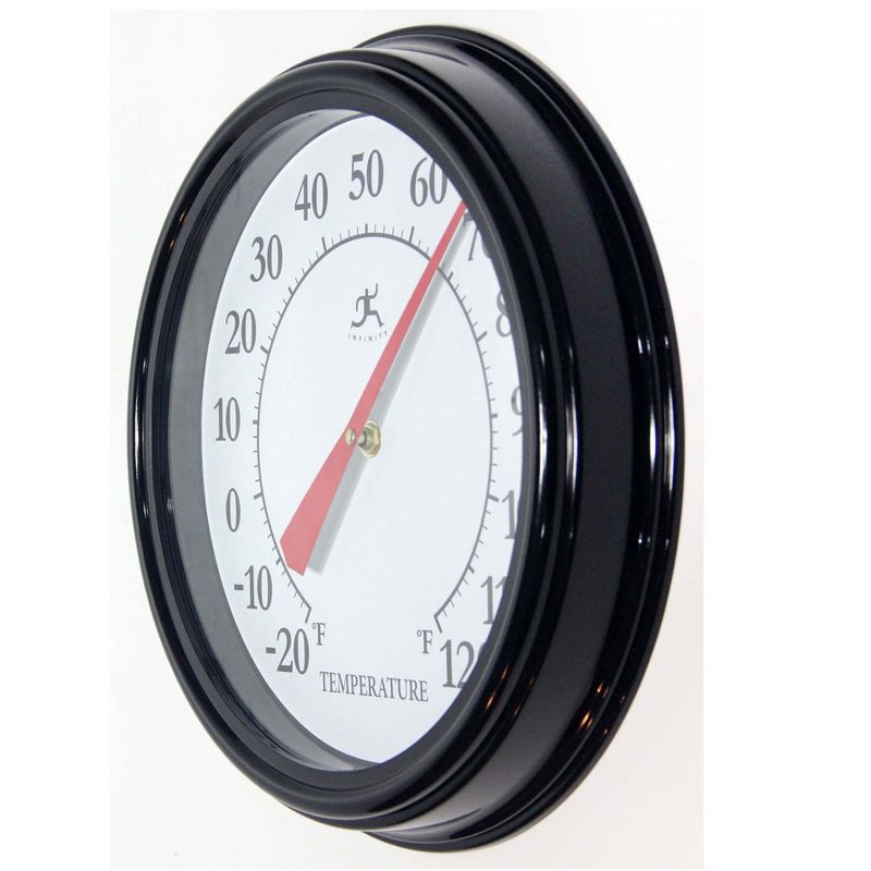 Infinity Instruments 12-Inch Round Analog Outdoor Patio Thermometer with Easy Keyhole Hanging Design, Black